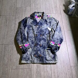 Pink Dolphin Jacket Mens 2XL Blue Acid Wash Denim Peacoat Double Breasted Camo